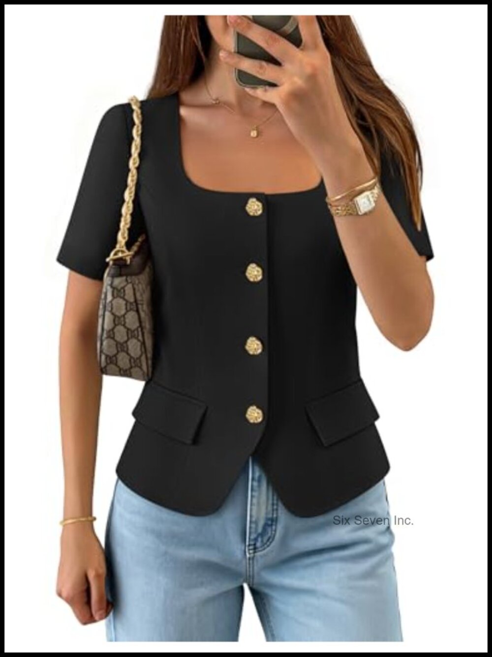 Short Sleeve Square Neck Cropped Vest Top Blazer Waistcoat